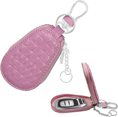 Funda cuero llavero auto con cremallera y gancho metal rosa