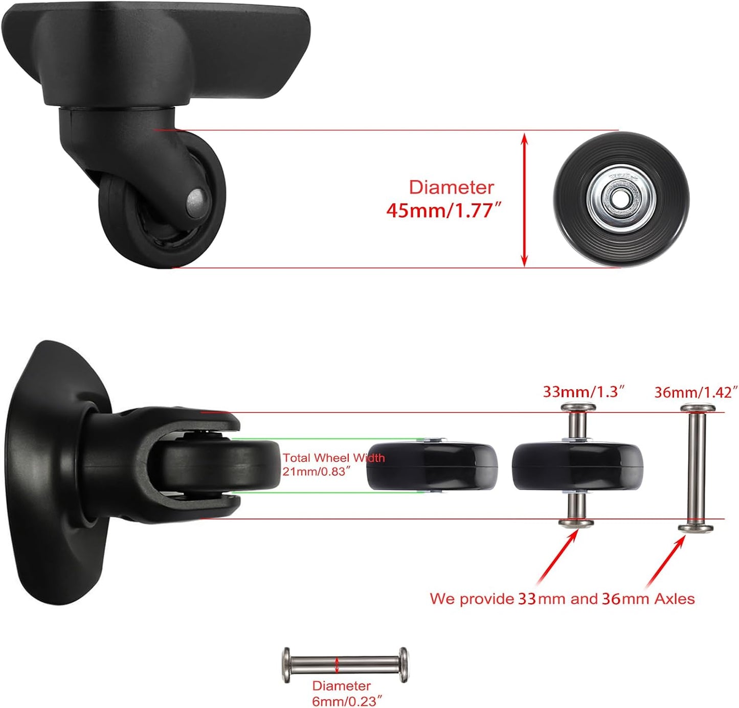 Ruedas giratorias goma para maleta set 4 45x18mm