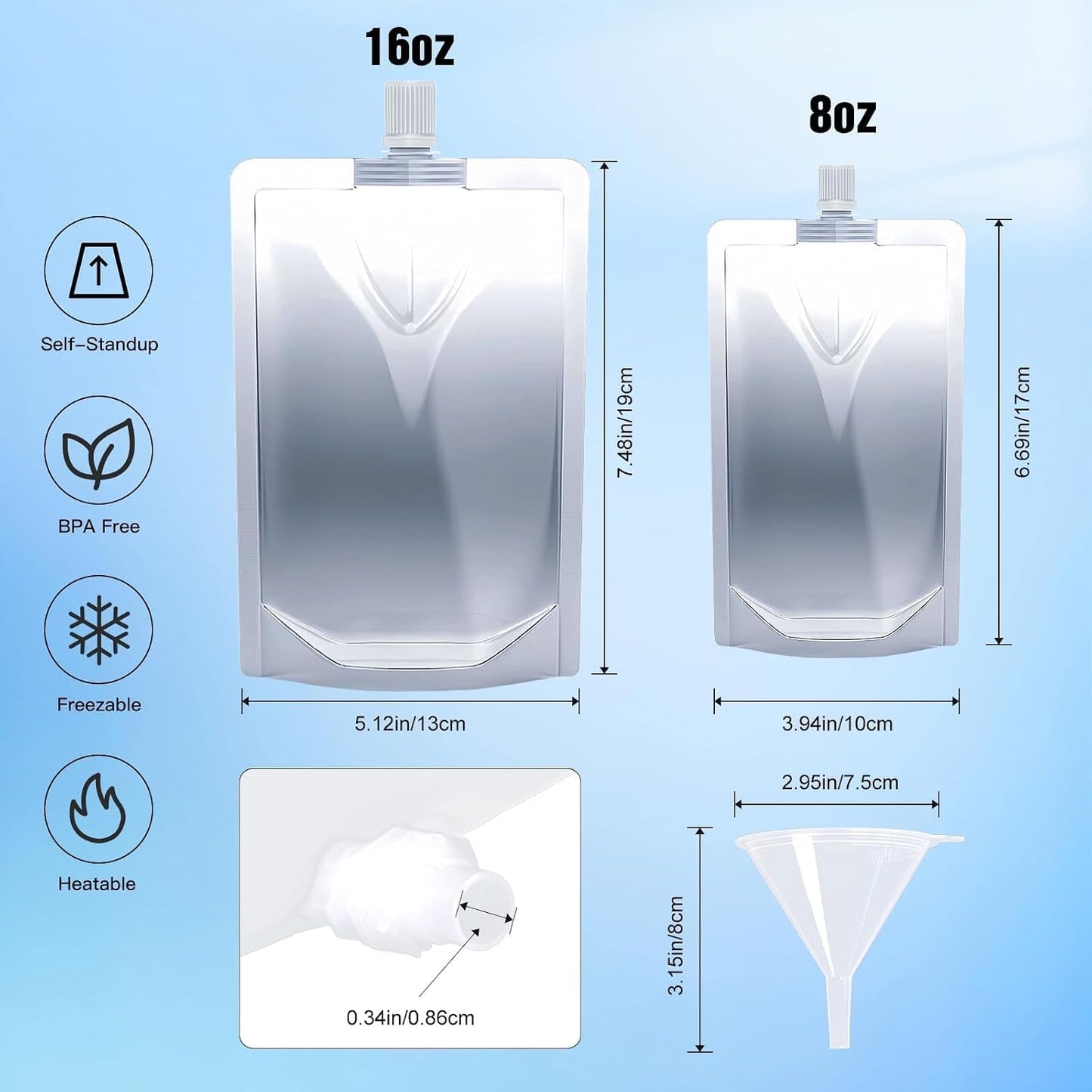100 Bolsas Plástico 16oz Reutiliz. con Embudo para Bebidas