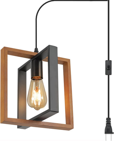 Lámpara colgante enchufable 16.4ft de madera y metal