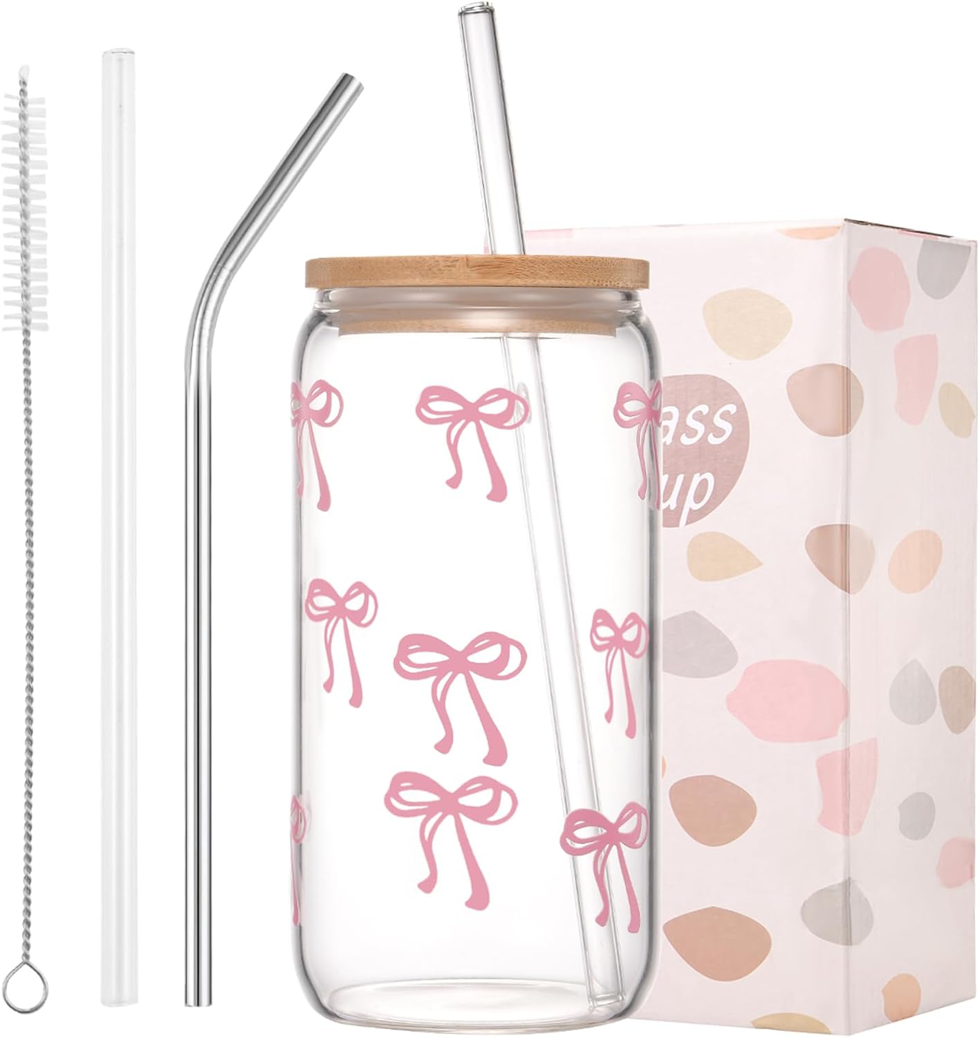 Taza cristal lazo rosa con tapa y pajita diseño femenino
