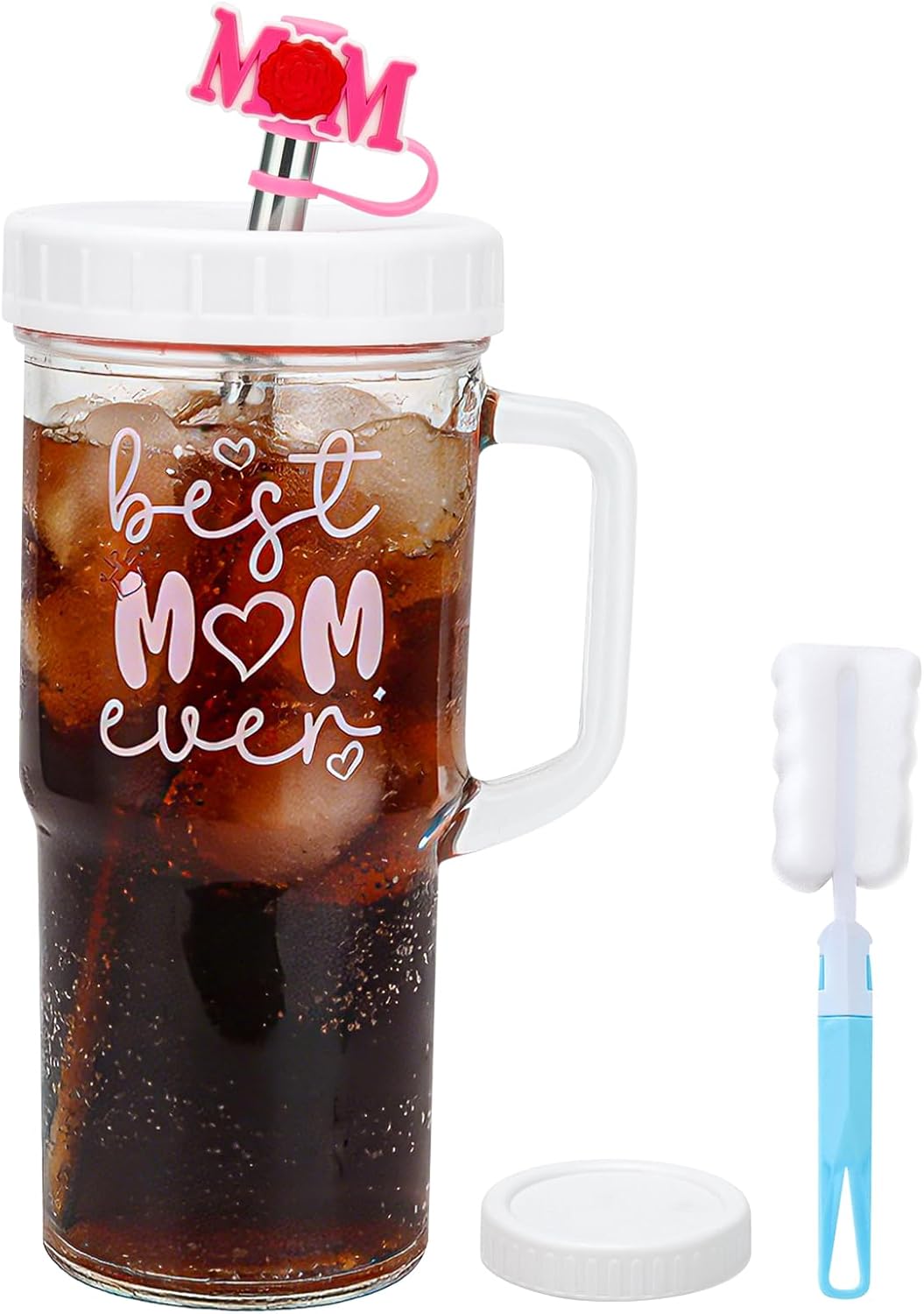 Vaso Vidrio Asa Aislado 24oz con Tapa Popote y Cepillo