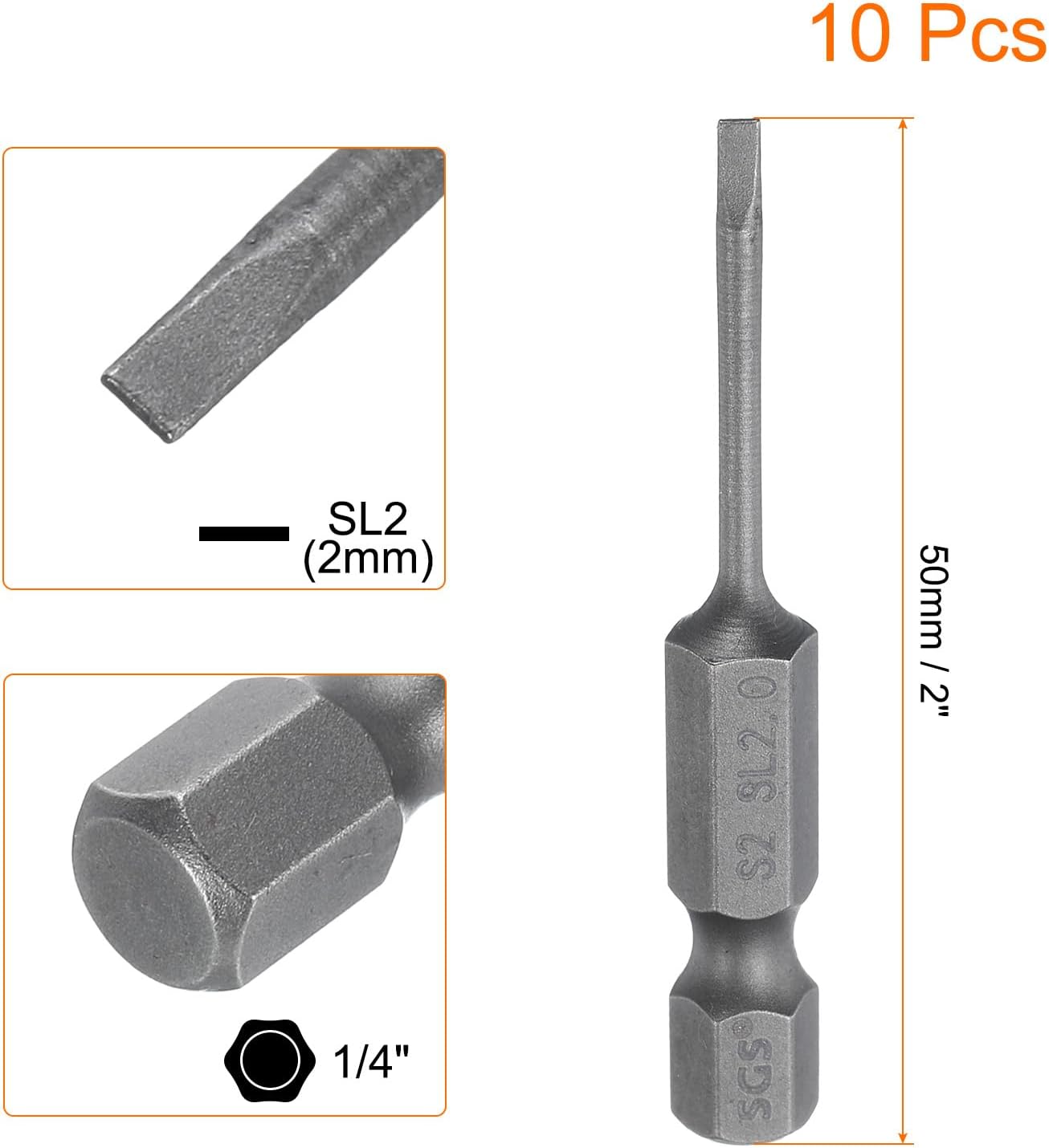 Set 10 puntas destornillador plana acero SL2 0.079pulg 1/4pulg