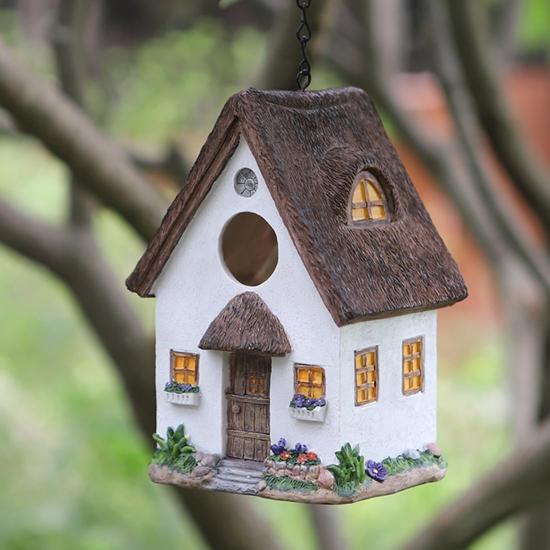 Casa colgante resina para pájaros azules jardín