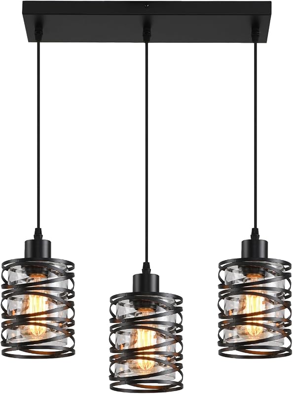 3 Luces Colgantes Isla Cocina Hierro Vidrio