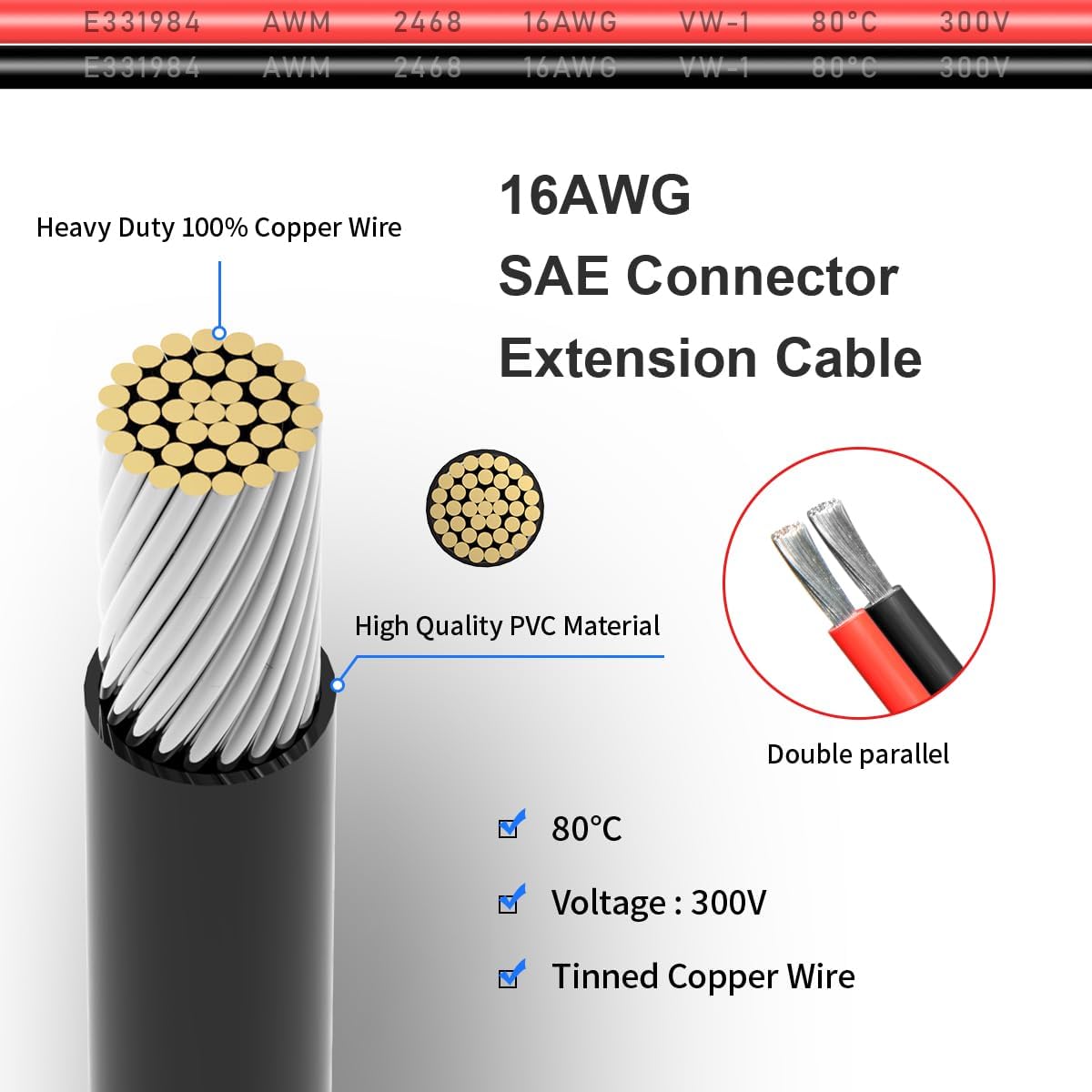 Cable conector SAE 16 AWG 1 pie 2 pines para panel solar 2 pzas
