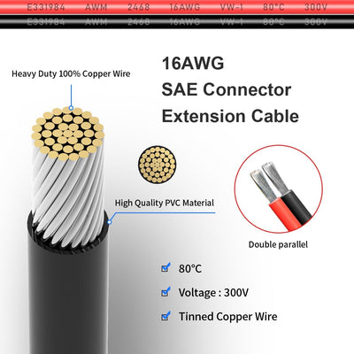 Cable conector SAE 16 AWG 1 pie 2 pines para panel solar 2 pzas
