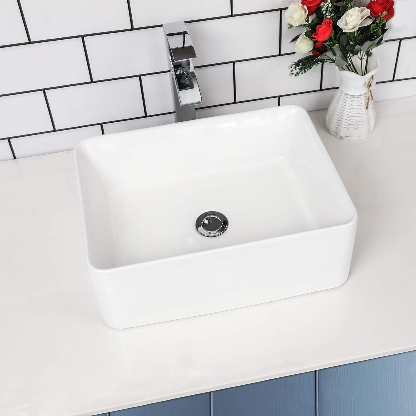 Lavabo sobre encimera rectangular blanco cerámica 18x13pulg