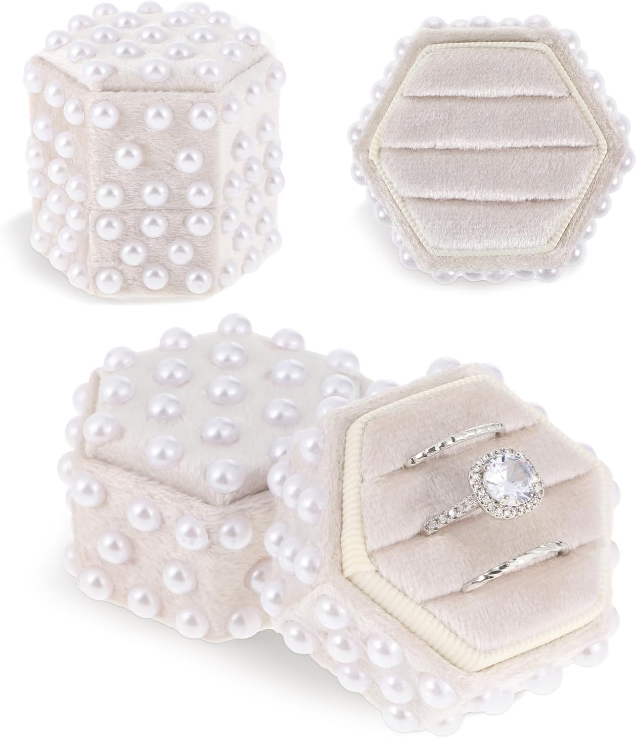 Caja terciopelo anillos con perlas 3 ranuras tapa