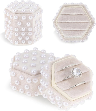 Caja terciopelo anillos con perlas 3 ranuras tapa