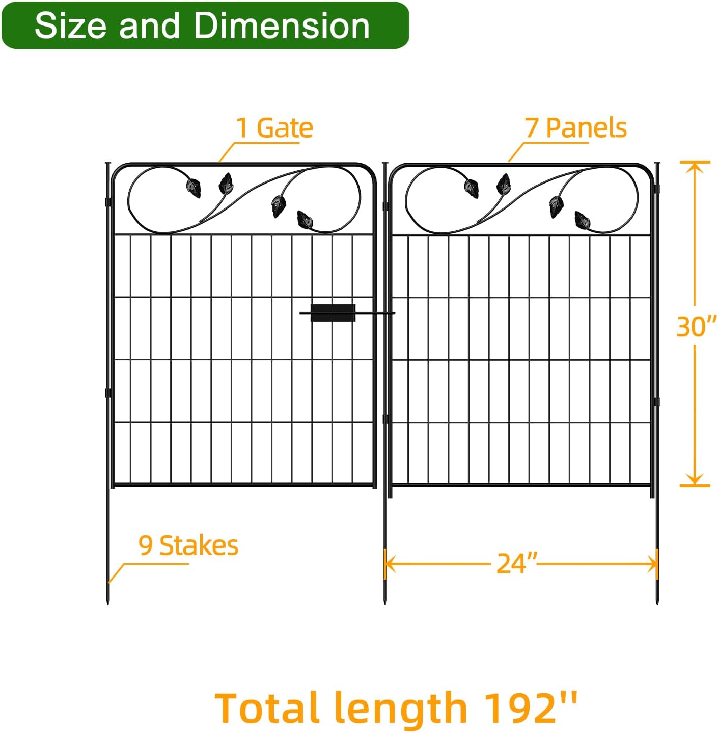 Valla decorativa metal jardín 30pulg x16ft 1 puerta 7