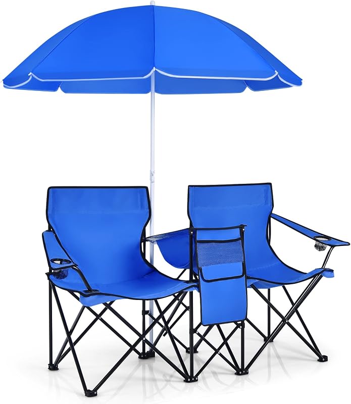 Silla campamento doble plegable con paraguas y mesa portátil