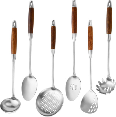 Set 6 Utensilios Acero Inox 18/10 Mango Madera Resistentes Calor