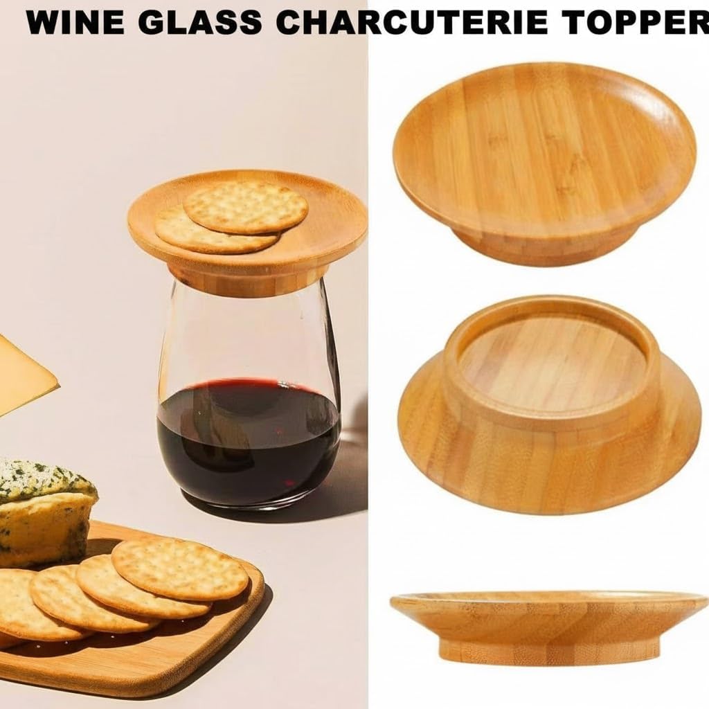 Set 6 Pzas Tapa Plato Copa Vino Bambú Accesorios Fiesta