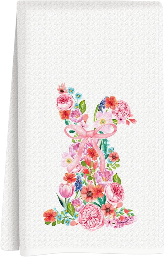 Toallas de cocina de conejito de Pascua con lazo rosa para baño y hogar