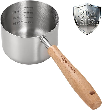 Taza medidora acero inox 8oz con mango madera para mascotas