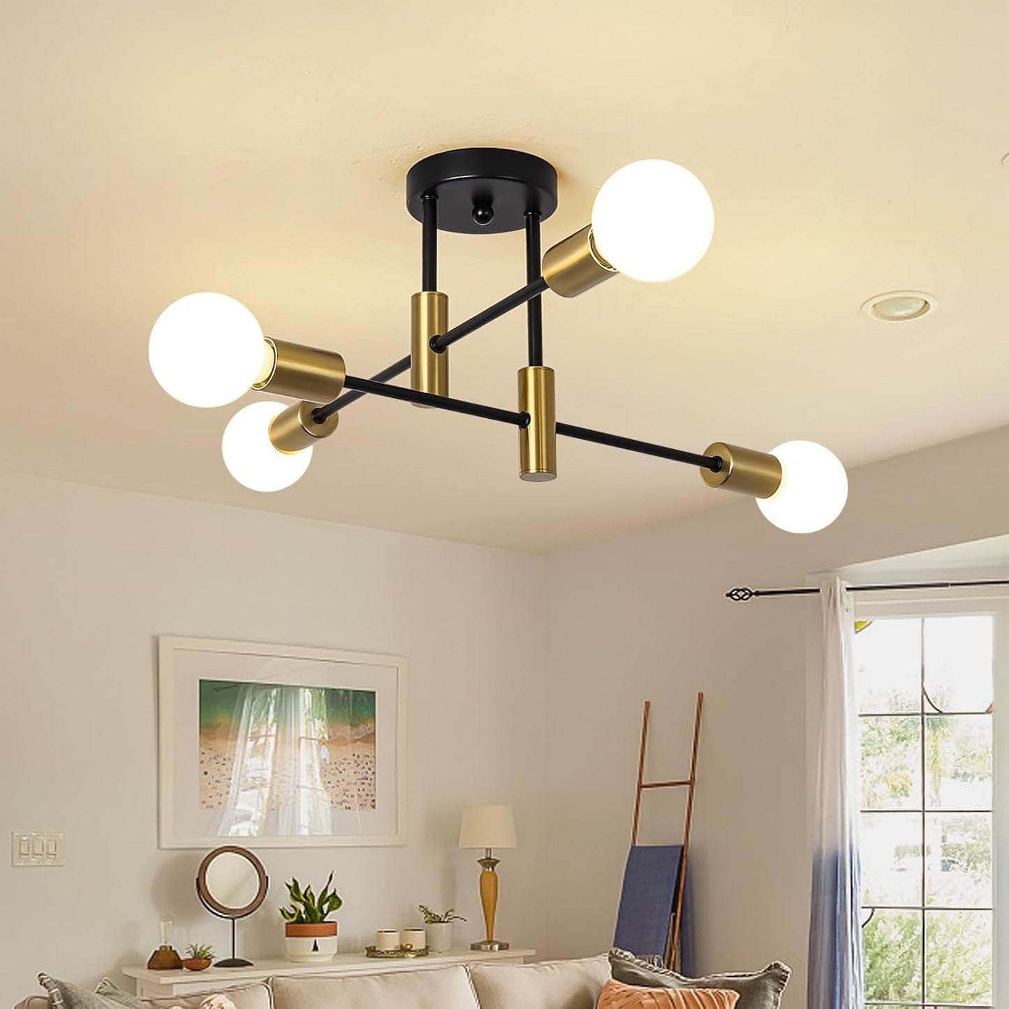 Lámpara techo sputnik 4 luces dorado y negro moderna