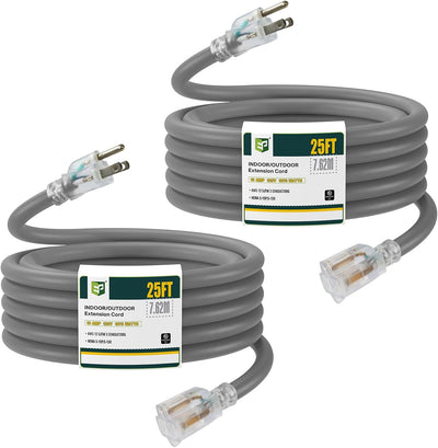 2 Cables Extensión Iluminados 25ft SJTW 12/3 Gris Resistente