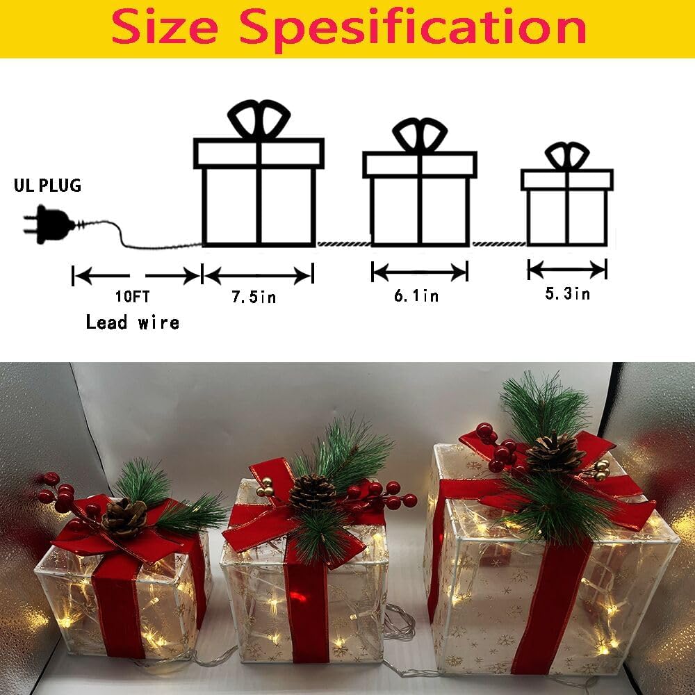 Set 3 cajas regalo Navidad con 60 luces LED