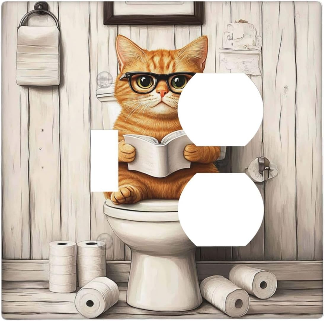 Placa interruptor dúplex gato naranja madera decorativa