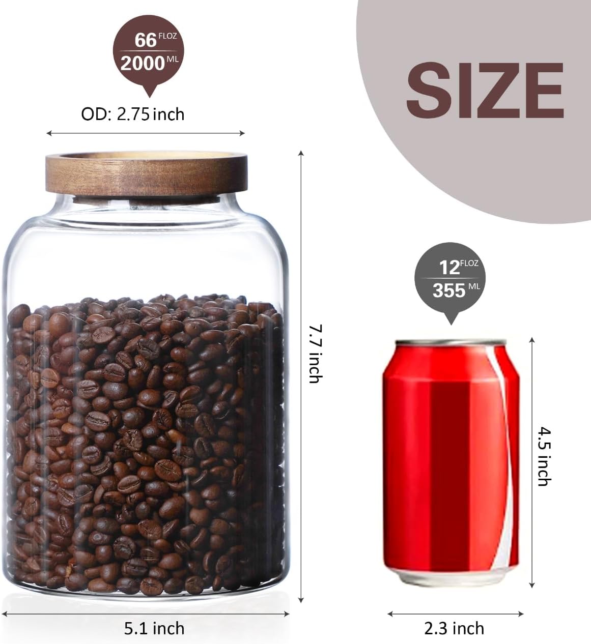 Frasco vidrio 67.6oz con tapa madera hermética
