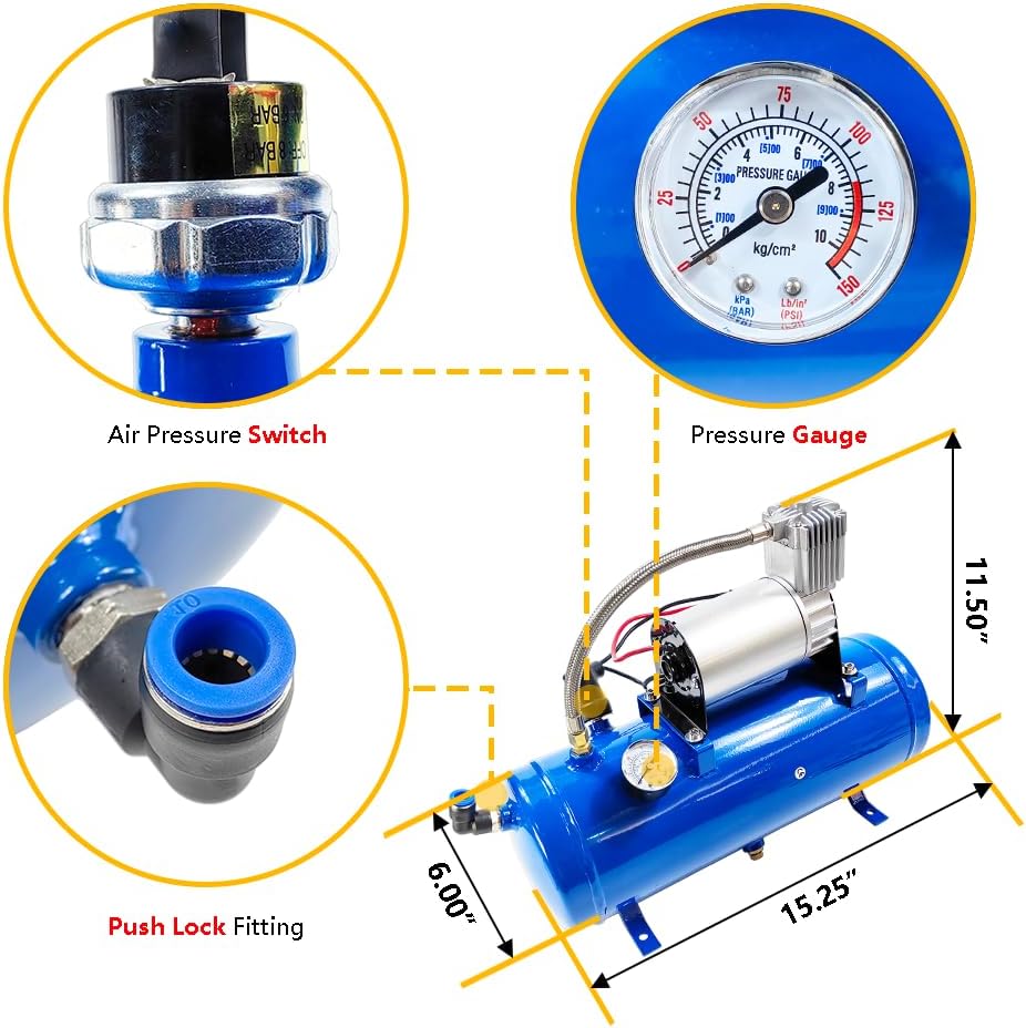 Compresor aire 12V 150PSI tanque 6L para bocinas tren
