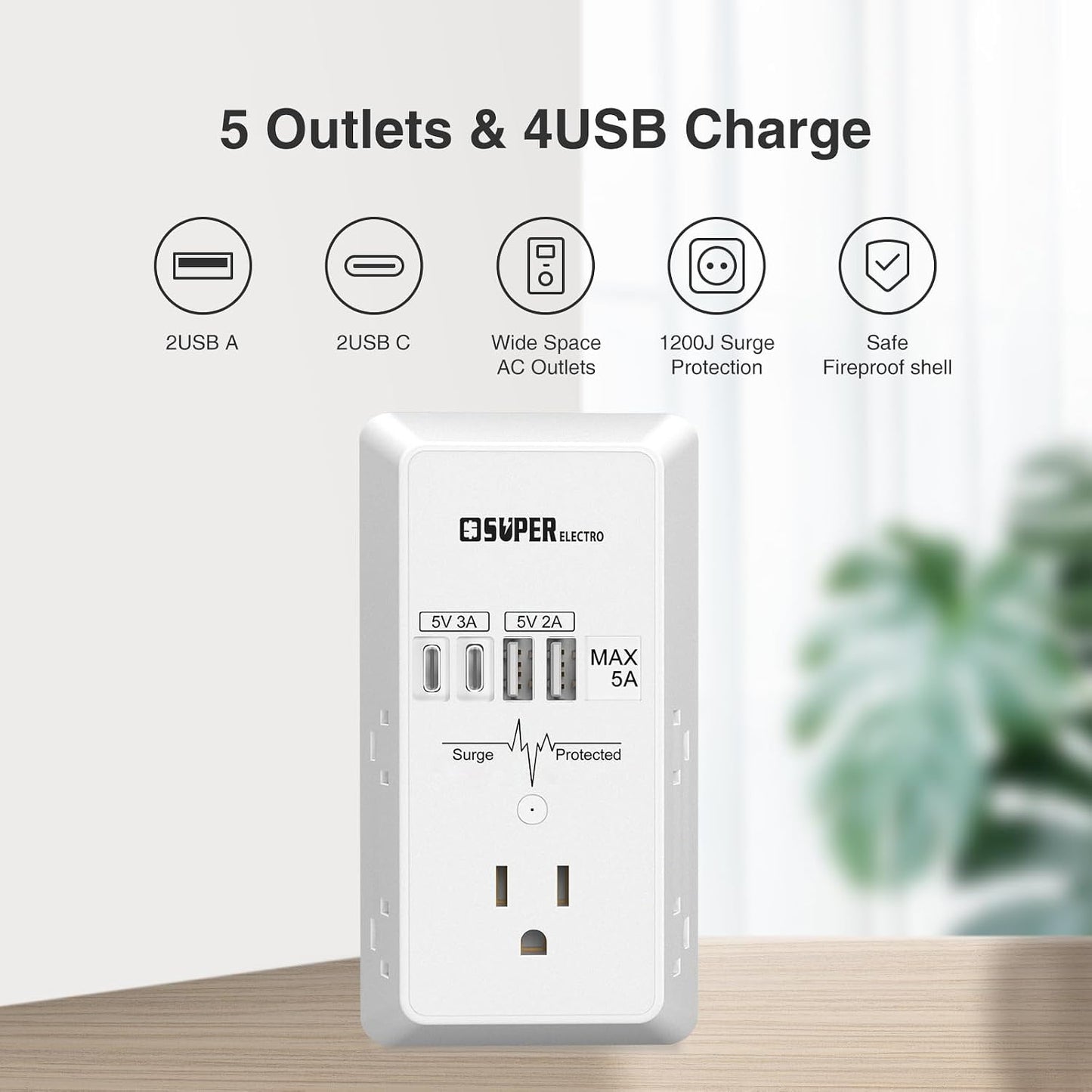 Extensor enchufe 5 puertos USB 5V 5A con protección sobretensiones