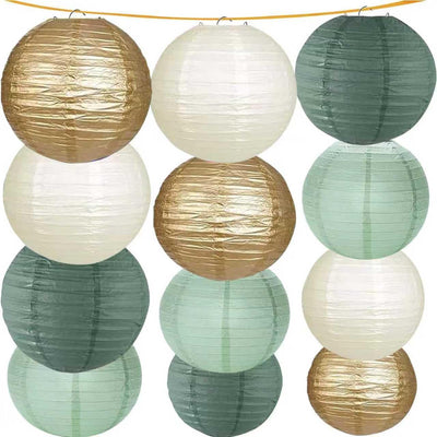 12 Faroles Papel Verde Blanco Dorado para Fiesta Boda