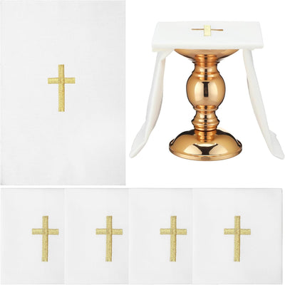 Paquete de 4 purificadores de lino bordados con cruz dorada, tela altar blanco para misas católicas