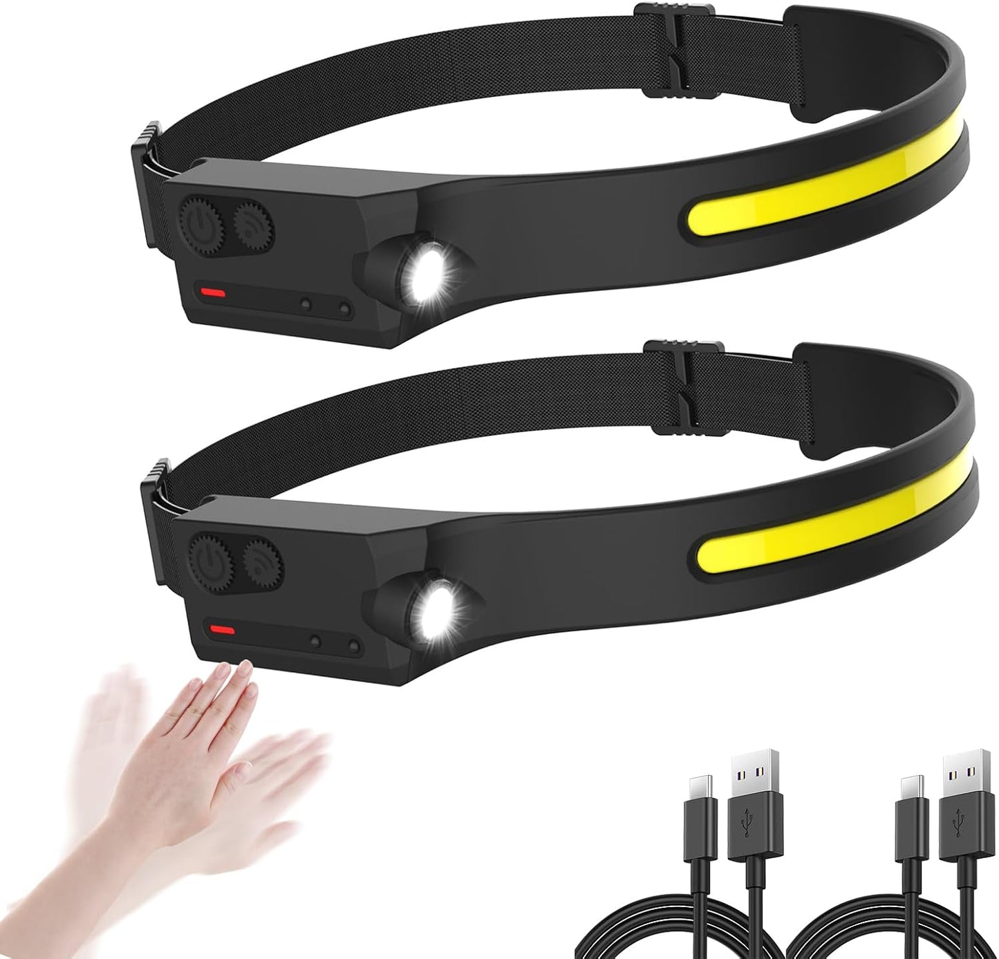 Linterna frontal LED USB 230° 5 modos 350 lúmenes 2 pzas