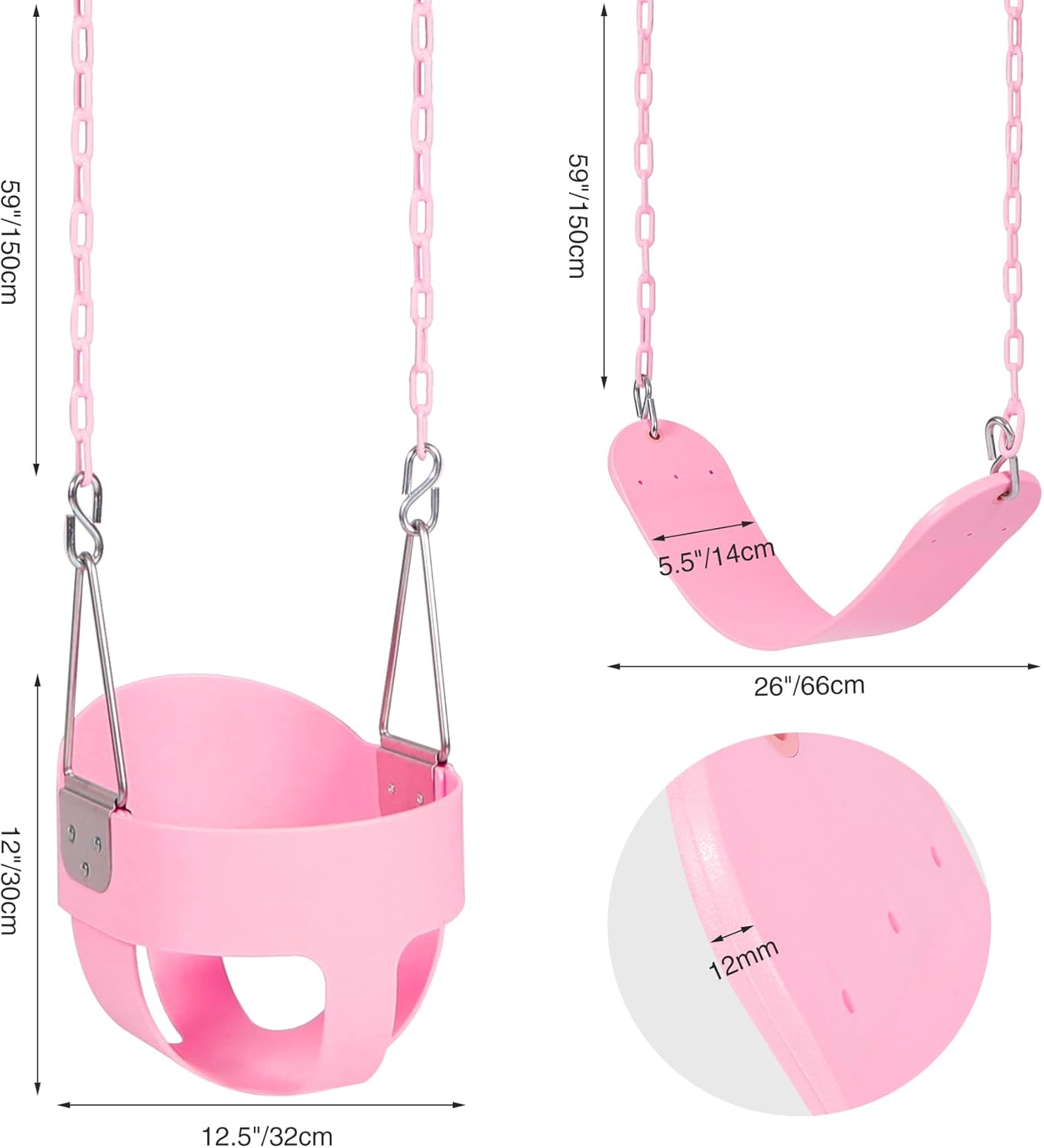 Asiento columpio con respaldo alto y correas para árbol rosa