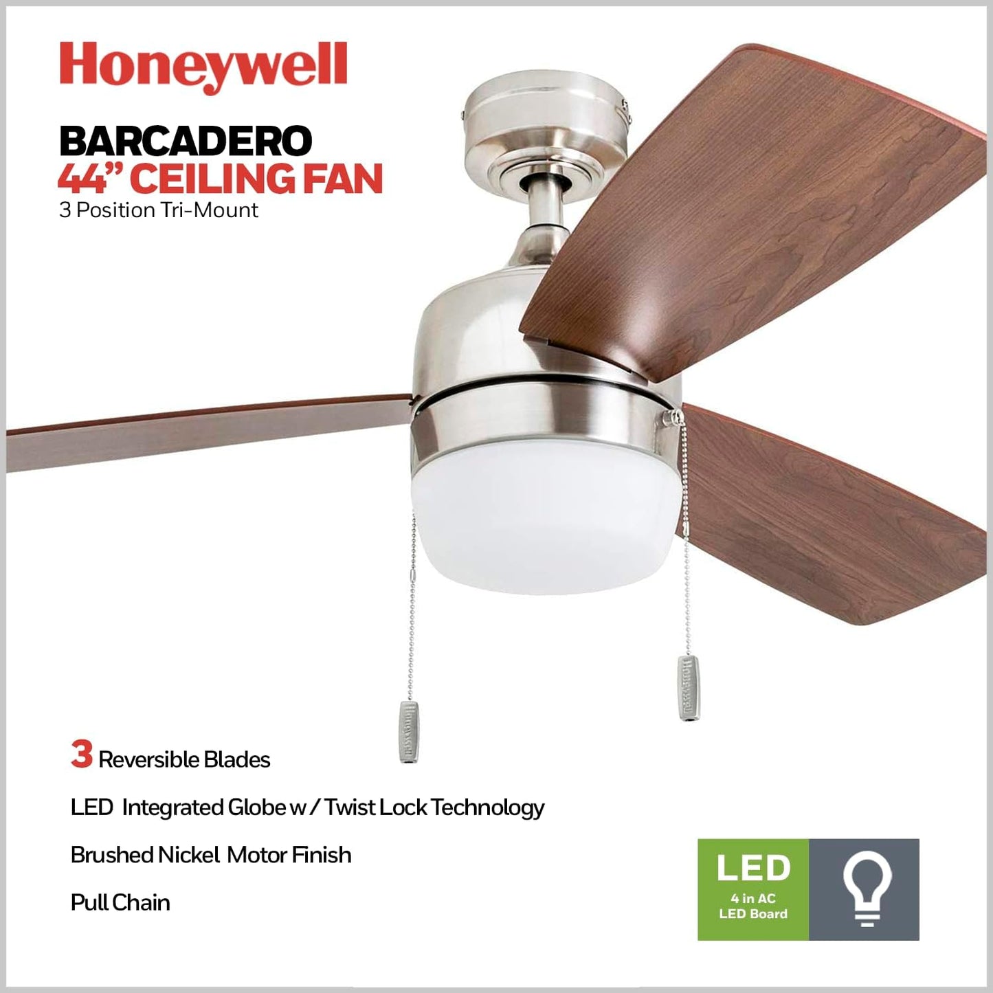 Ventilador techo Barcadero 44pulg luz LED 3 aspas arce