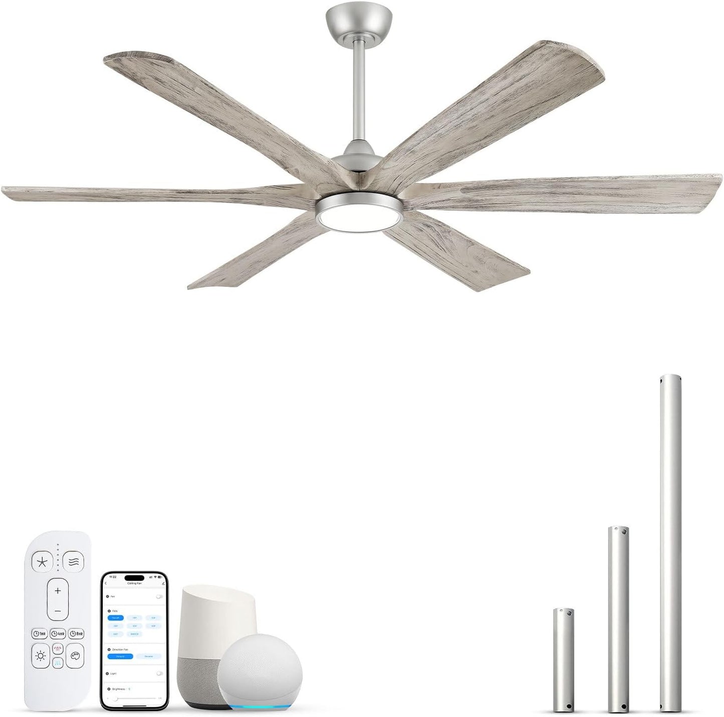Ventilador techo 72pulg luz control remoto Alexa 6 cuchillas madera