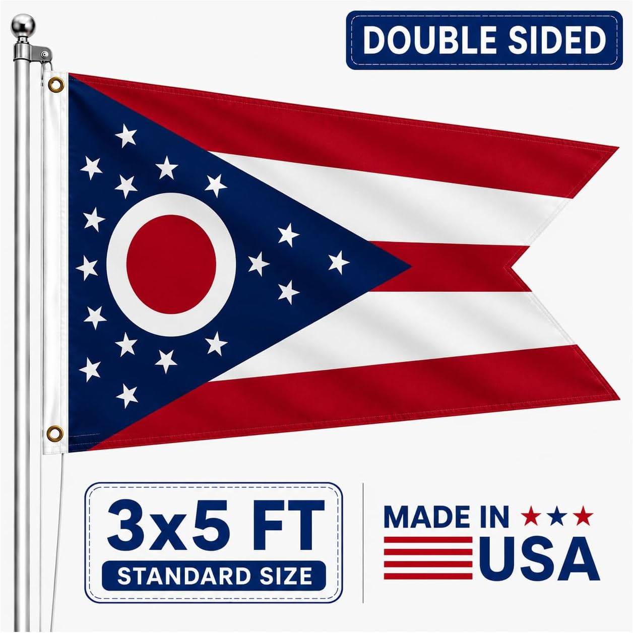 Bandera Ohio 3x5pulg doble cara 3 capas lona cosida