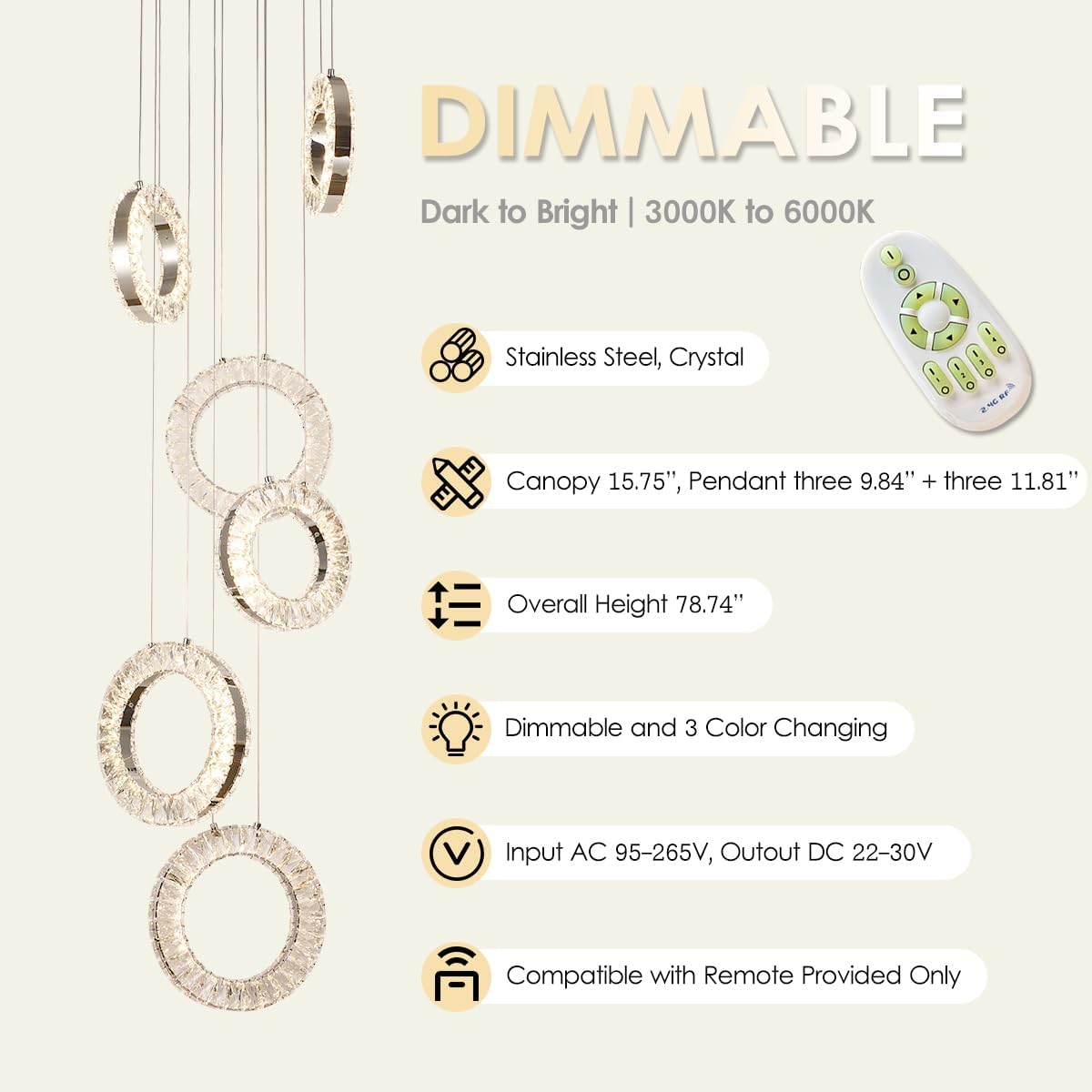 Candelabro techo 6 luces anillo cromado LED regulable