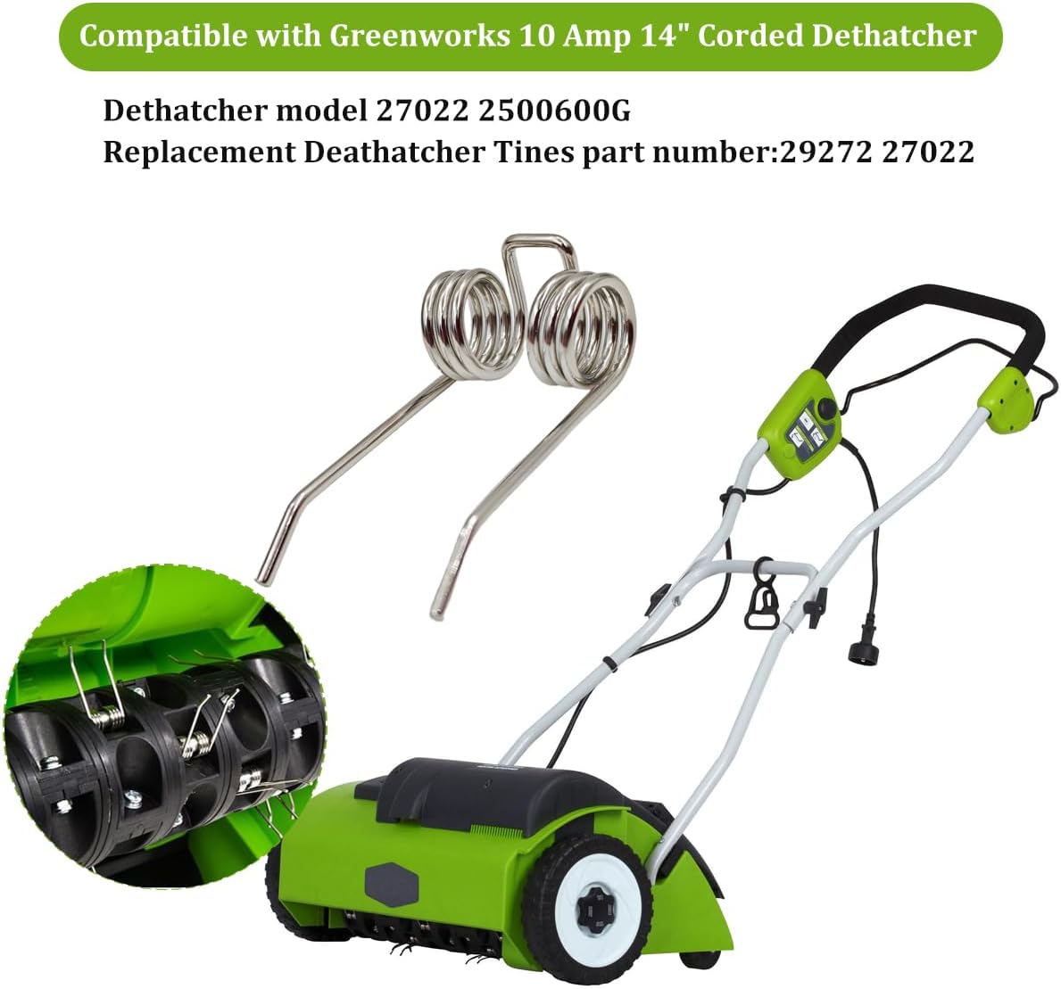 36 Pzas púas repuesto Greenworks 10Amp 14" acero inox
