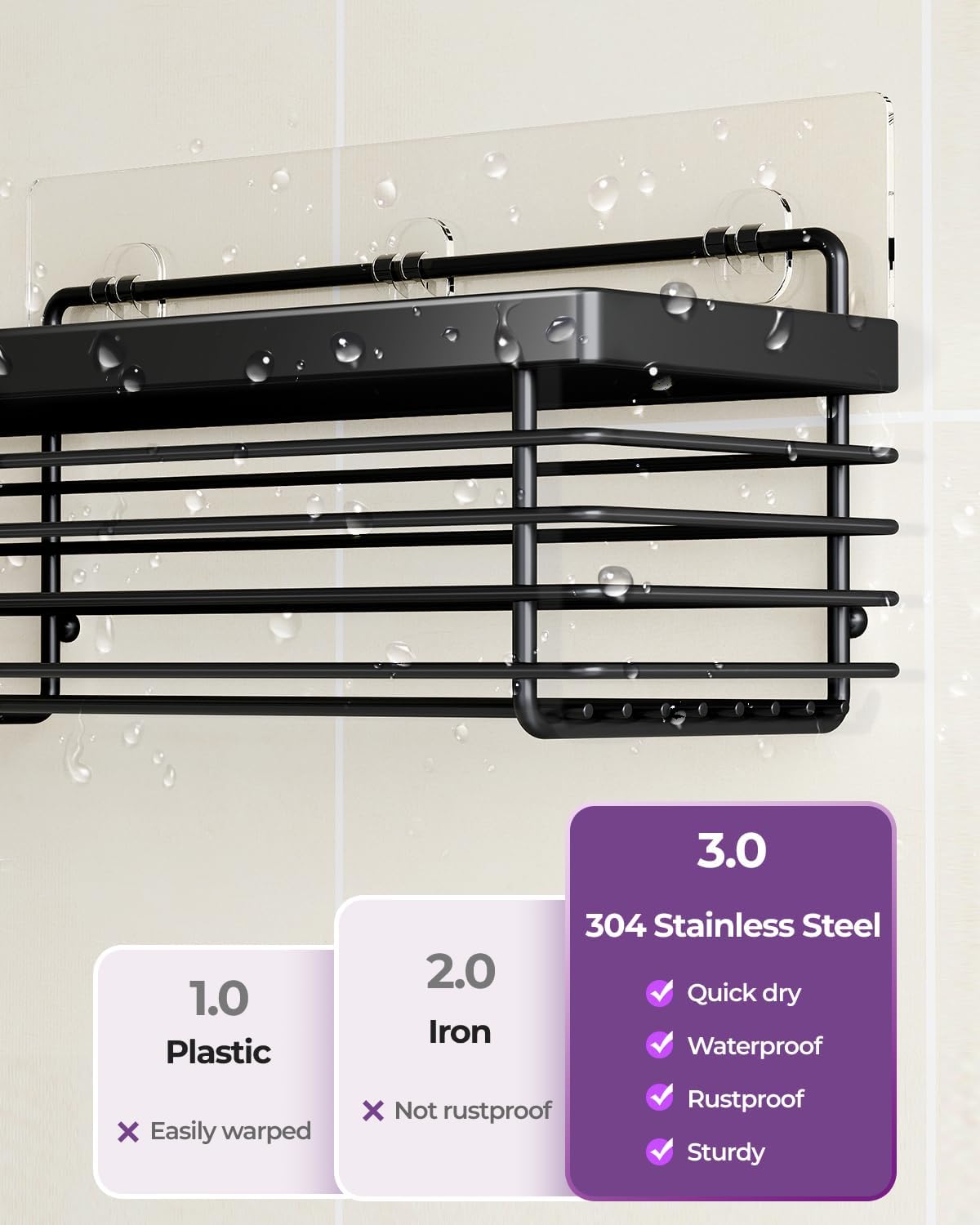 Organiz. ducha acero inox 3uds adhesivo negro