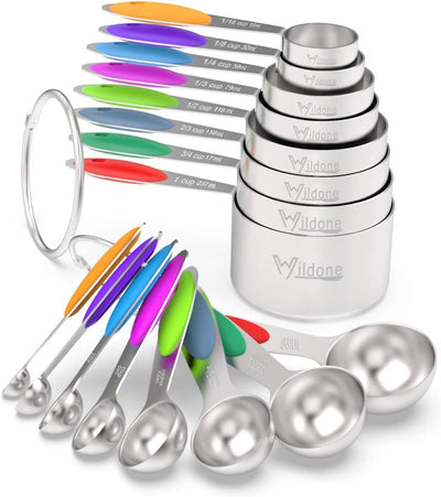 Set 16 Tazas y Cucharas Acero Inox con Mango Silicona