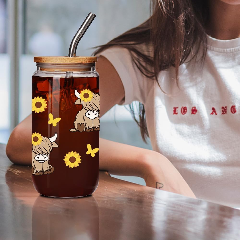 Taza de vidrio Highland Cow con tapa y pajita, regalo para mujeres amantes del café