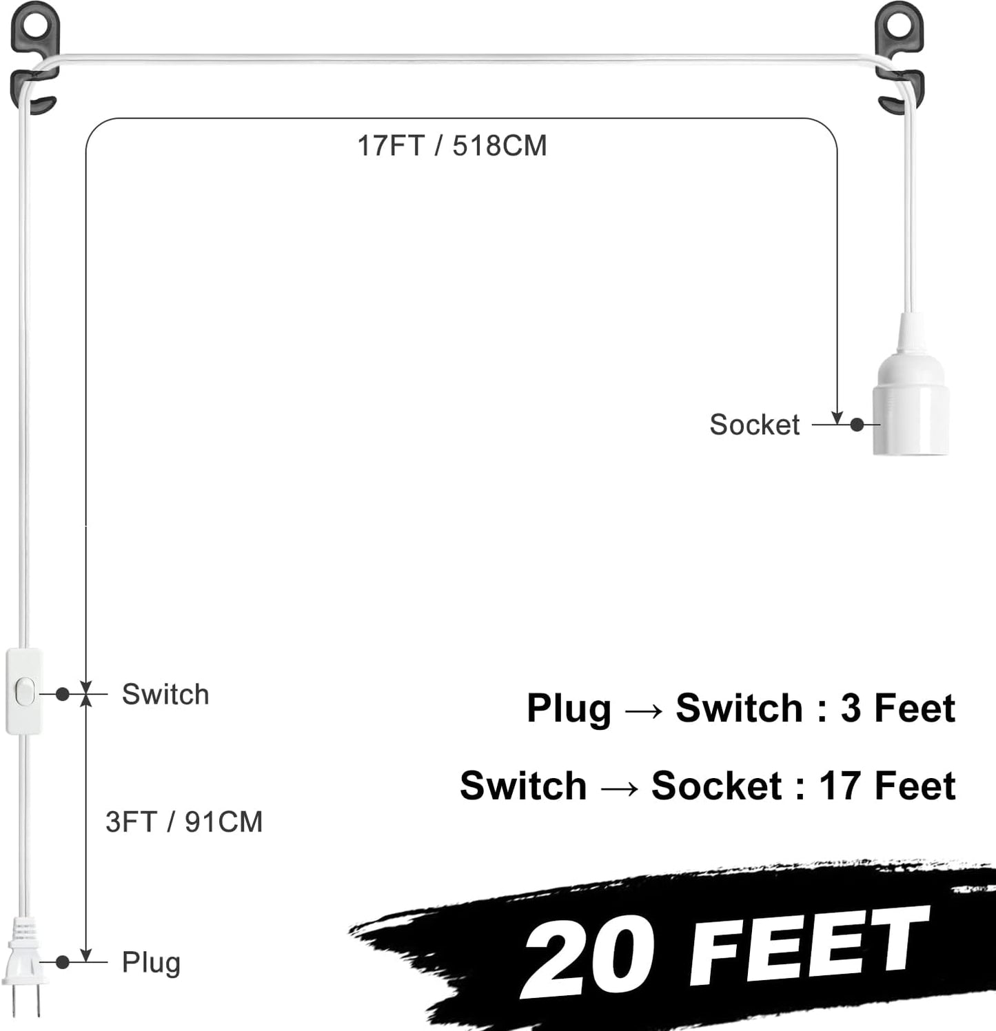 Cable luz colgante 20ft con enchufe E26 interruptor