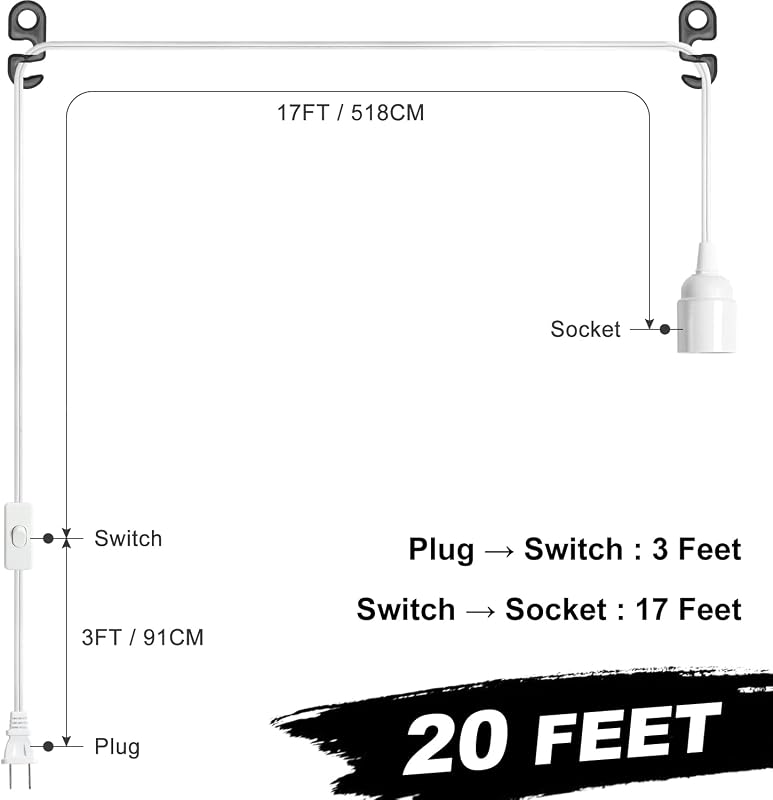 Cable luz colgante 20ft con enchufe E26 interruptor