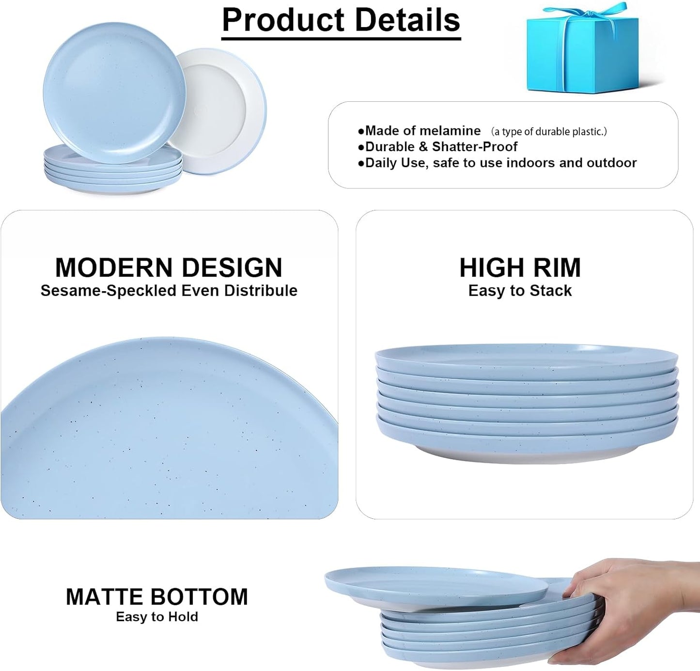 Set 6 Platos Melamina 10.25pulg Azul Beige Resistentes