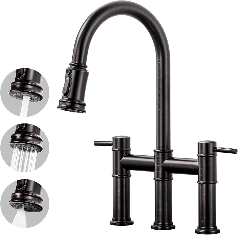 Grifo cocina bronce aceitado 3 agujeros rociador extraíble