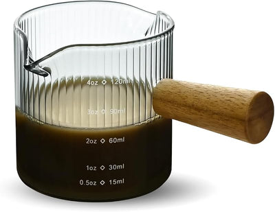 Taza medidora vidrio 4oz con mango madera doble boquilla gris