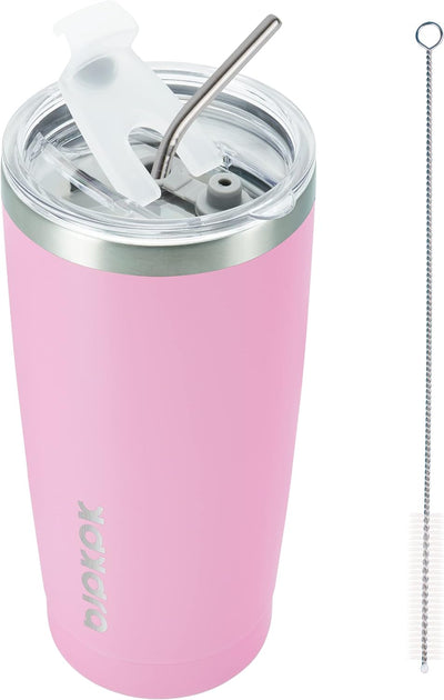 Taza viaje acero inox 20oz con tapa y pajilla color rosa