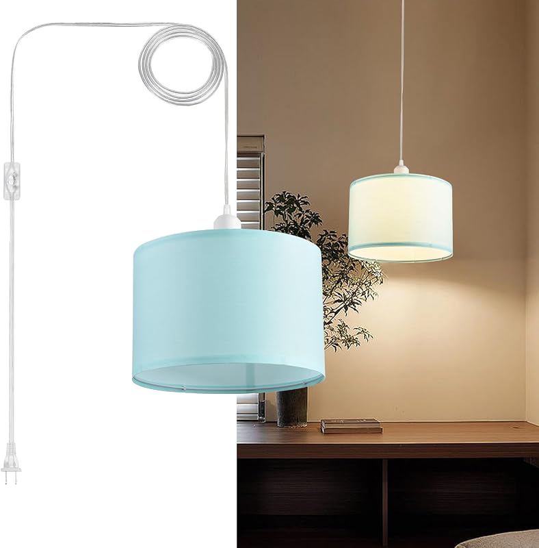 2 Luces Colgantes Enchufables 15" Pantalla Tela Azul