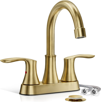 Grifo baño 4pulg oro cepillado 2 manijas giratorio 360°