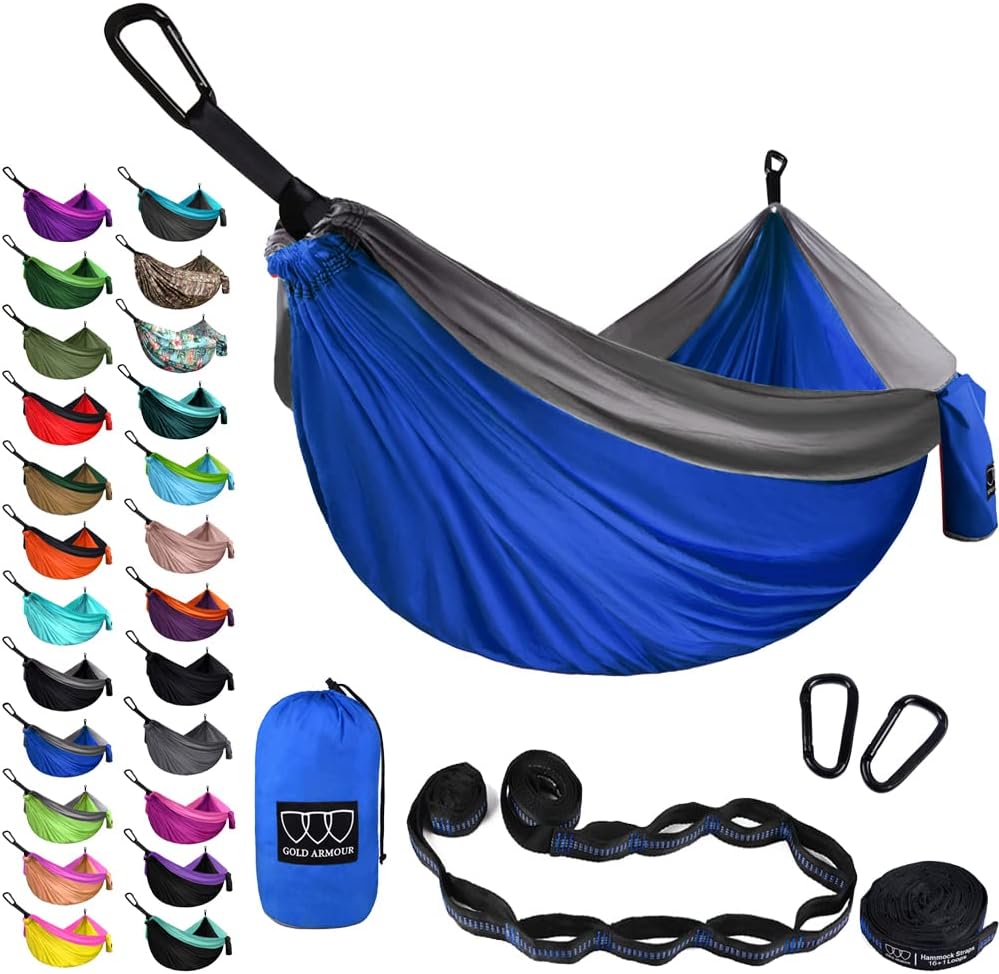 Hamaca doble XL portátil con correas árboles azul gris