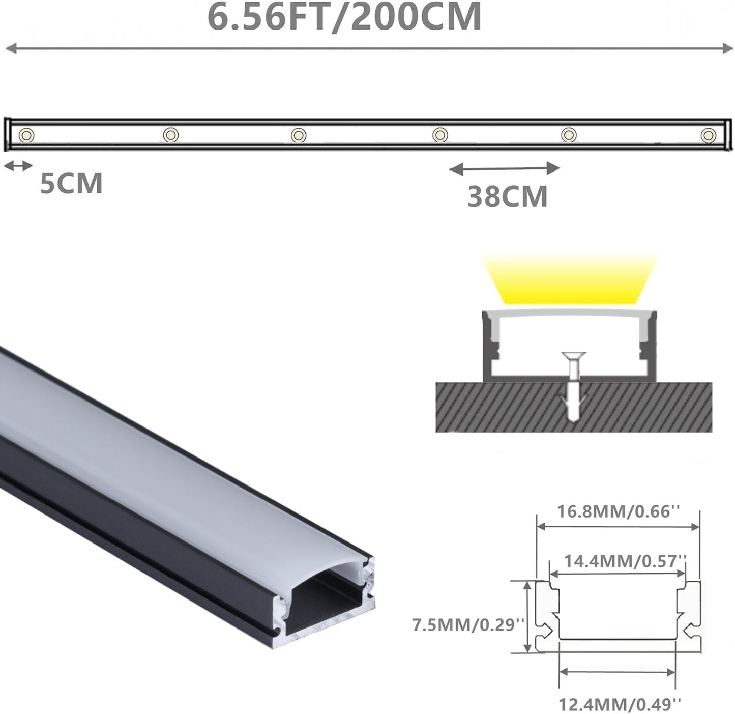 Perfil aluminio difusor LED 6.56pies negro mate empotrado