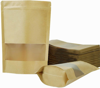 100 Bolsas Resellables Kraft con Ventana Cremallera